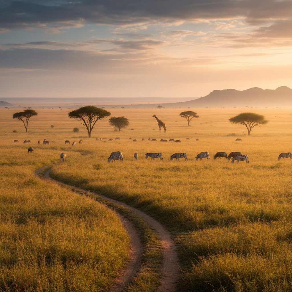 A dirt path winds through a golden savanna landscape where zebras graze under a soft sunset sky with a lone giraffe standing in the distance.